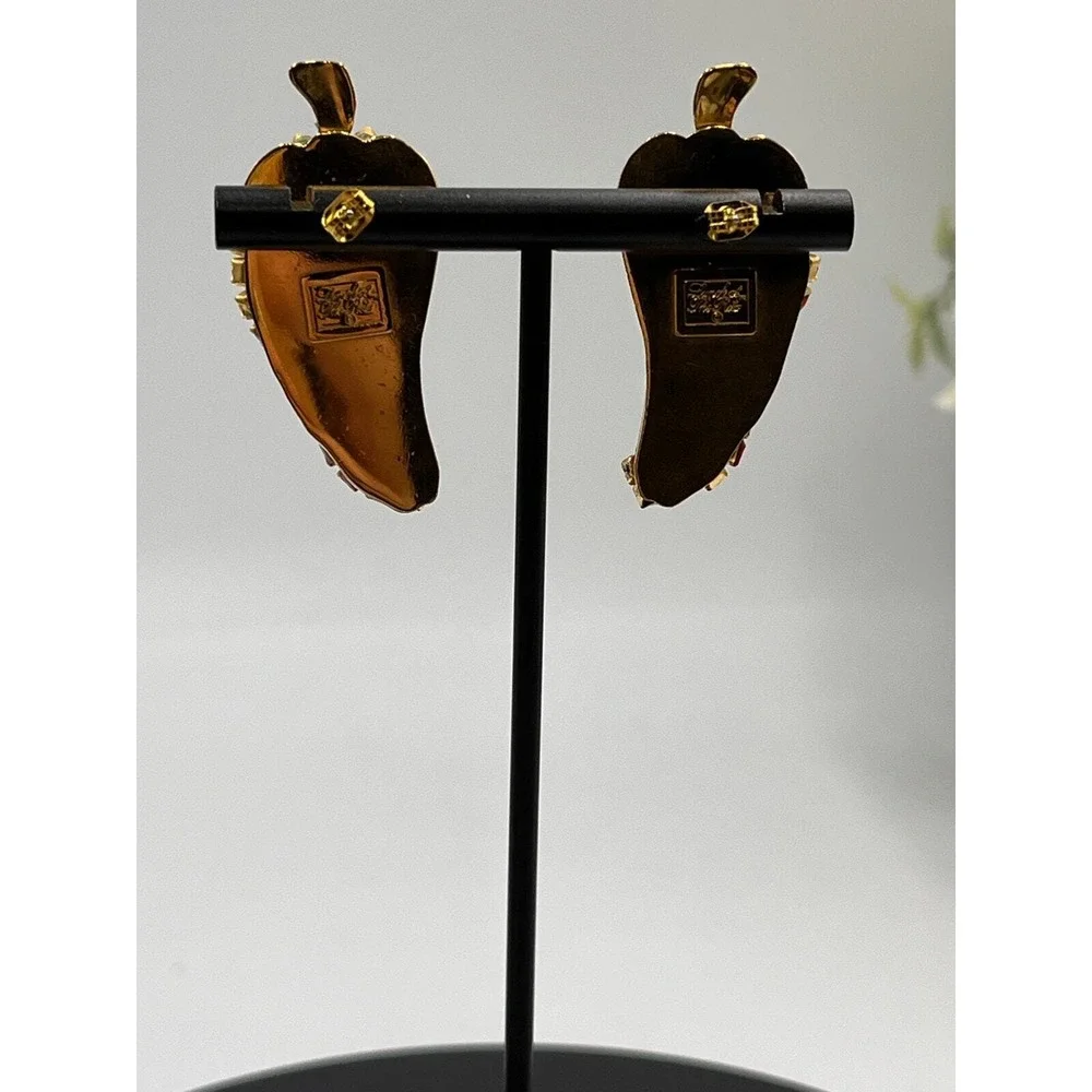 Lunch at the Ritz Vintage‎ Red Chili Pepper Enamel Rhinestone Pierced Earrings